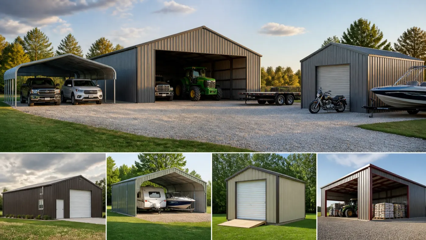 A finished steel garage and carport structure on a prepared residential site